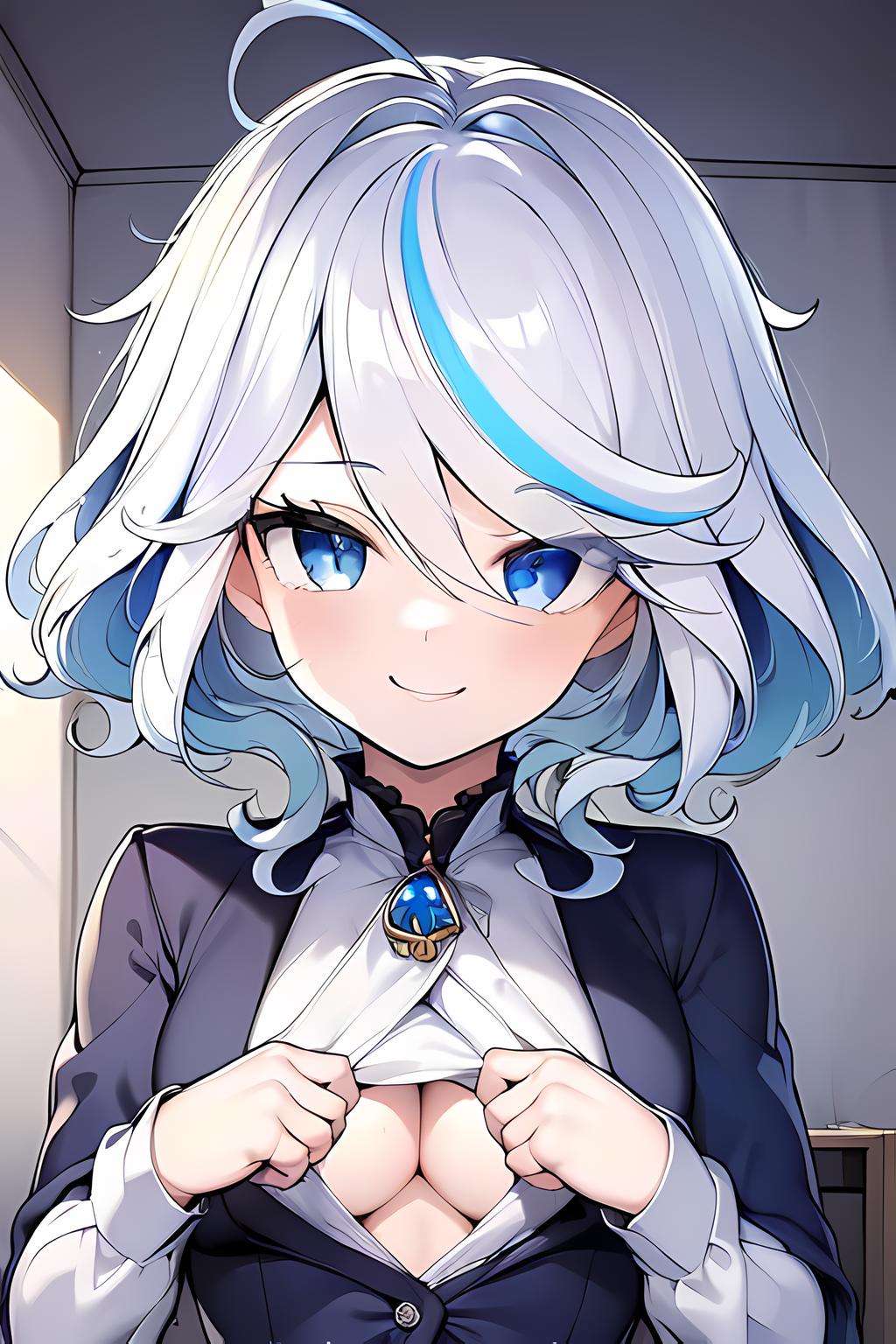 (masterpiece:1.2), (best quality:1.2), perfect eyes, perfect face, perfect lighting,1girl,cheeky smile, indoors, <lora:furlna:1>, blue eyes, blue hair, white hair, streaked hair,  shirt, <lora:PaizuriInvitation:1>, PAIZURI INVITATION, NO BRA,  <lyco:GoodHands-beta2:1.0>