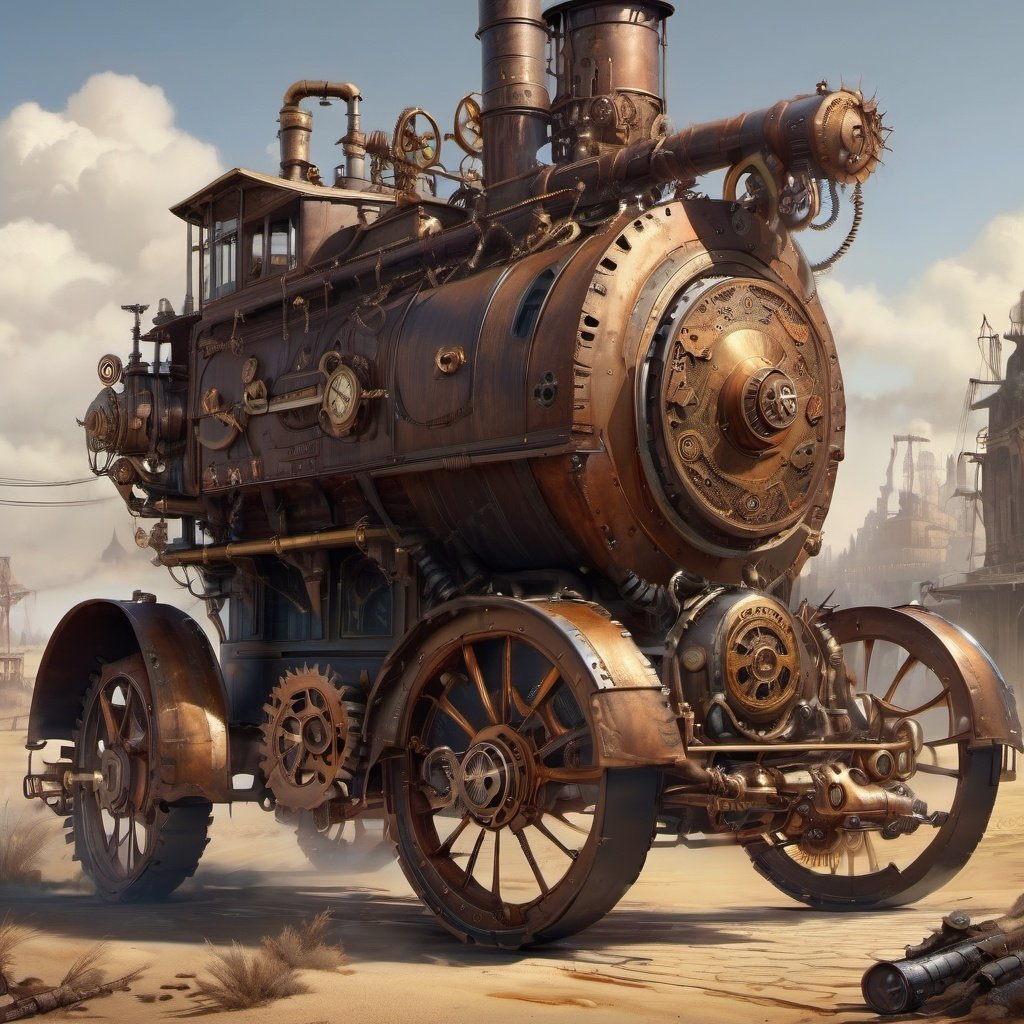 <lora:steampunk_xl-off:1> steampunk style,(masterpiece),(best quality),wheel, steam ,Wasteland, post-apocalyptic world