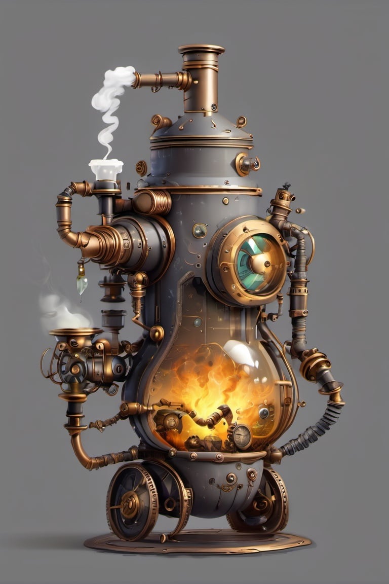 <lora:steampunk_xl-off:1> steampunk style, no humans, robot, smoke, grey background, potion, science fiction, flask, simple background