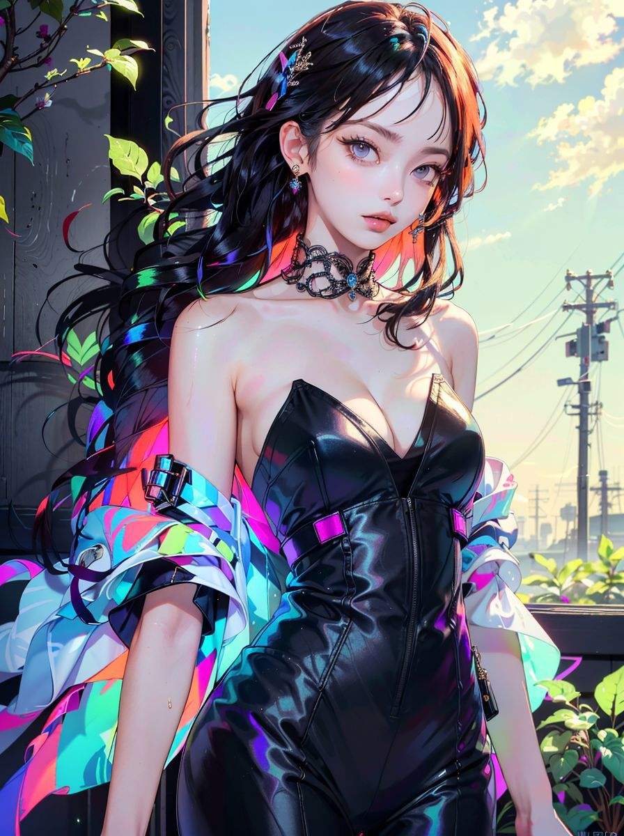 (ultra realistic 8k CG:1.2),perfect artwork,delicate pattern,intricate detail,(unparalleled masterpiece,best quality:1.2),(extremely intricate:1.2),-------------------------------kpop idol,korean beauty,korean mixed,(1girl,solo:1.2),woman,girly,bright eyes,(wet skin,nsfw:1.1),(absurdly long hair:1.4),Floating hair,wind,gale,hair accessories,-------------------------------(silk and Ribbon in front:1.3),earrings,filigree,detached sleeves,wide sleeves,(see through clothes,translucent clothes,armlet:1.2),(revealing clothes),jewelry,(cleavage,collarbone,bare shoulder,strapless,Simple Choker,tube dress,no bra:1.1),-------------------------------(horizon,simple background,Leaves and plant in front :1.2),------------------------------- <lora:colorfulMixV1:1:IN7>,(colorfulmix,multicolored hair,wavy hair:1.2)