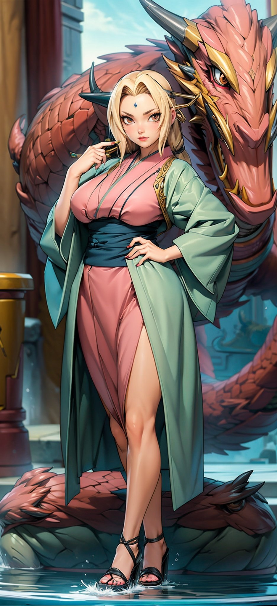 Full body. (Best Quality), (Masterpiece), a very exquisite and beautiful girl, very detailed, amazing, with exquisite details, official art, super detailed, high-level, beautiful details girl, with a radiant face,A girl standing in front of a dragon, long, without humans, dragon, (floating blonde hair), jade water book, water, waves, full of water energy, all mechanical, pink mechanical, MIX4,swordsman,east_asian_architecture,Tsunade,Kimono.,Real,Kimono, <lora:EMS-7047-EMS:0.8>, <lora:EMS-15617-EMS:0.4>, <lora:EMS-20686-EMS:1>, <lora:EMS-14413-EMS:0.8>