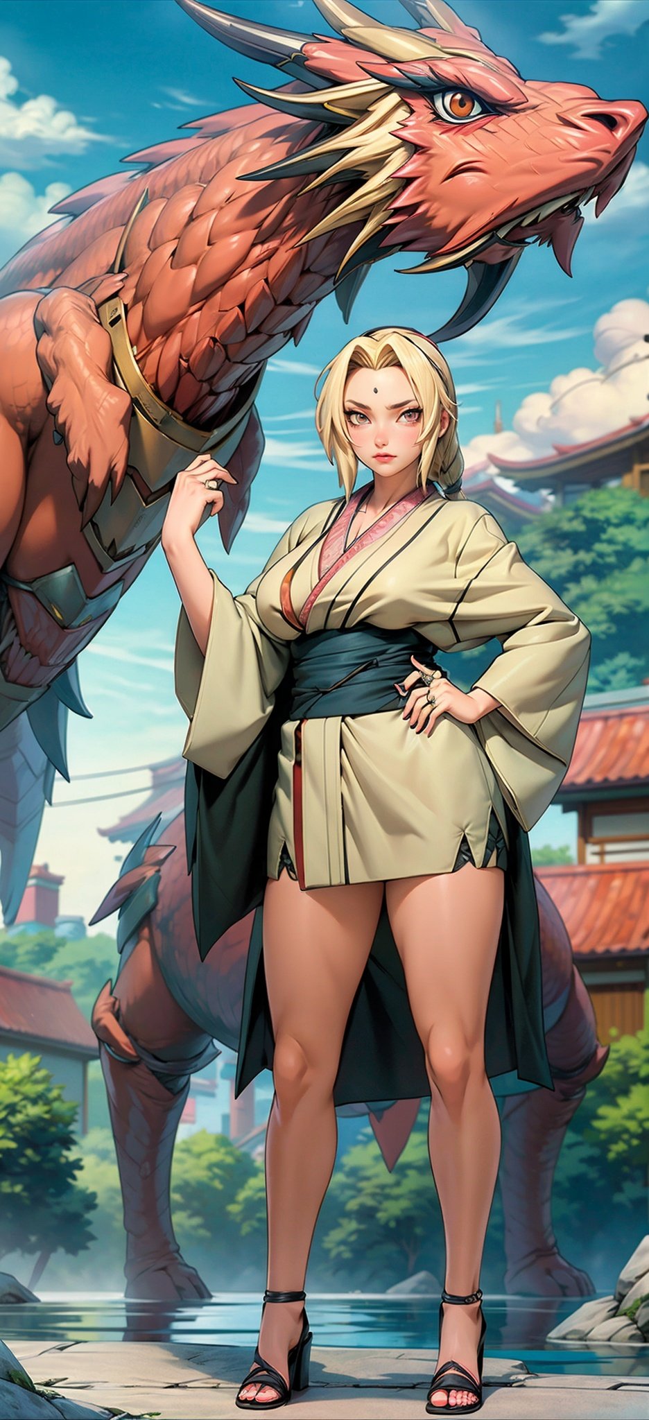 Full body. (Best Quality), (Masterpiece), a very exquisite and beautiful girl, very detailed, amazing, with exquisite details, official art, super detailed, high-level, beautiful details girl, with a radiant face,A girl standing in front of a dragon, long, without humans, dragon, (floating blonde hair), jade water book, water, waves, full of water energy, all mechanical, pink mechanical, MIX4,swordsman,east_asian_architecture,Tsunade,Kimono.,Real,Kimono, <lora:EMS-7047-EMS:0.8>, <lora:EMS-15617-EMS:0.4>, <lora:EMS-20686-EMS:1>, <lora:EMS-14413-EMS:0.8>