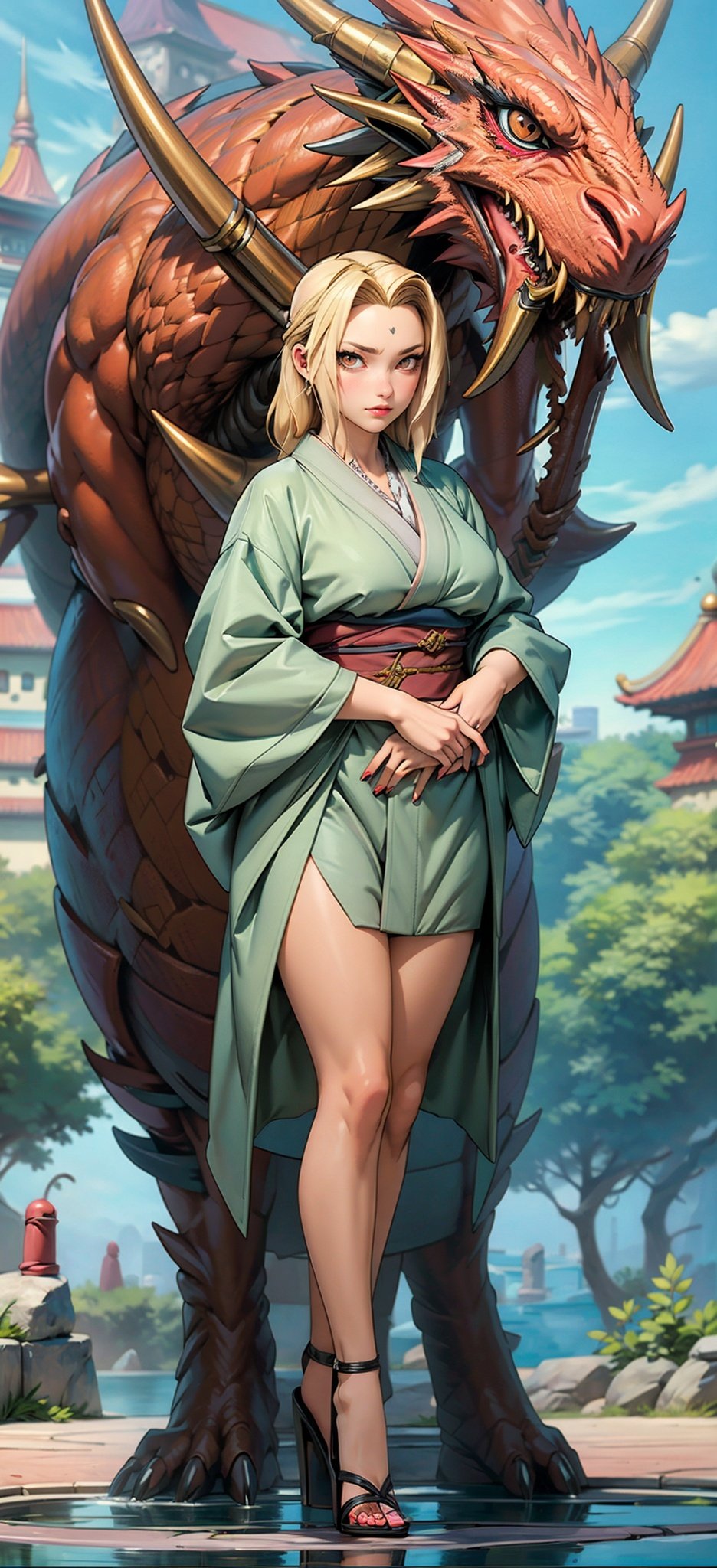 Full body. (Best Quality), (Masterpiece), a very exquisite and beautiful girl, very detailed, amazing, with exquisite details, official art, super detailed, high-level, beautiful details girl, with a radiant face,A girl standing in front of a dragon, long, without humans, dragon, (floating blonde hair), jade water book, water, waves, full of water energy, all mechanical, pink mechanical, MIX4,swordsman,east_asian_architecture,Tsunade,Kimono., <lora:EMS-1052-EMS:0.2>, <lora:EMS-7047-EMS:0.8>, <lora:EMS-15617-EMS:0.4>, <lora:EMS-20686-EMS:0.8>