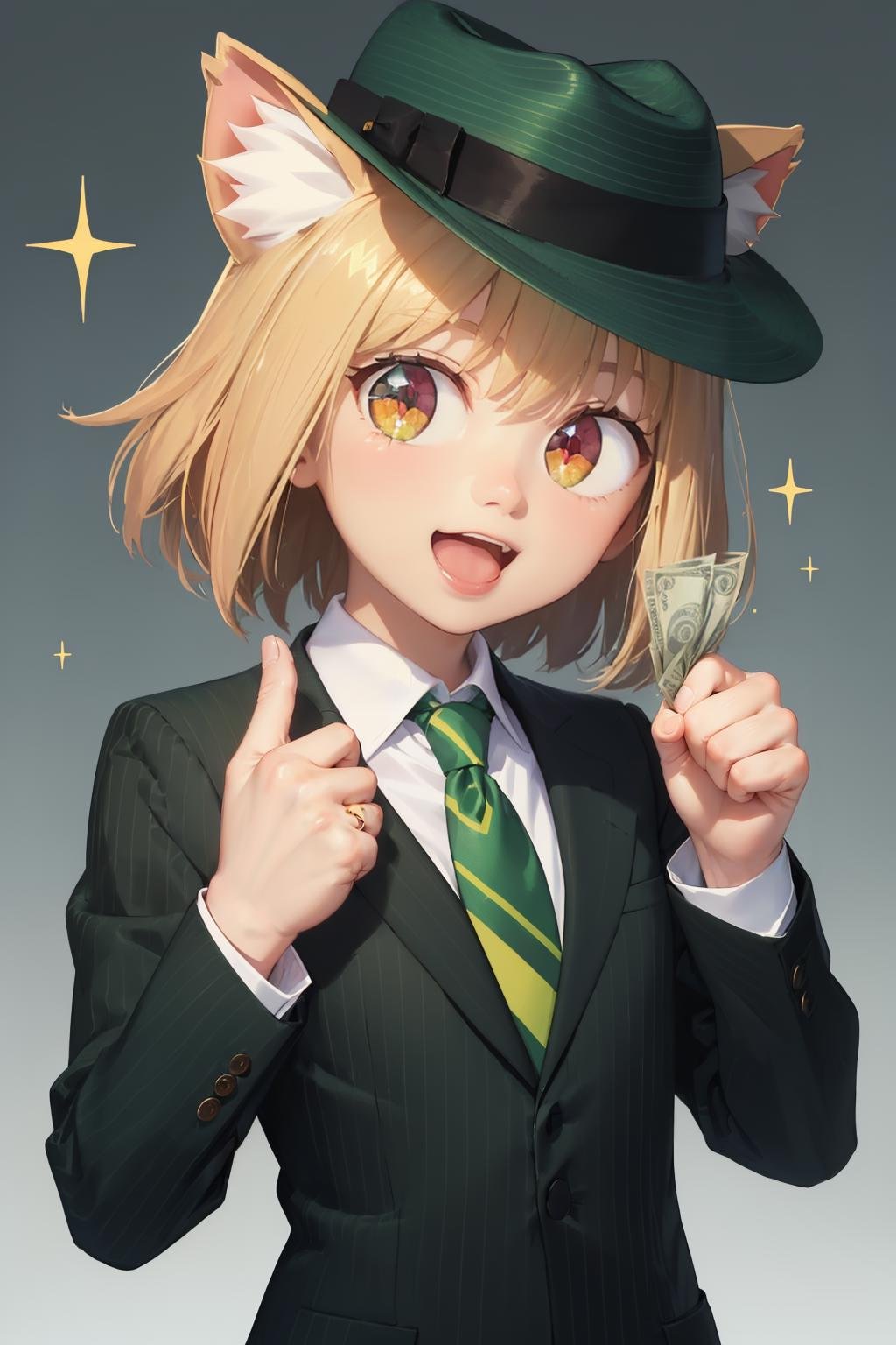 (masterpiece, best quality:1.2), <lora:neco-arc:0.9>, neco-arc, solo, money, holding money, hat, holding, 1girl, animal ears, red eyes, necktie, blonde hair, open mouth, :3, black background, fang, shirt, looking at viewer, slit pupils, smile, furry, white shirt, green headwear, animal ear fluff, jacket, bangs, long sleeves, short hair, striped, upper body, cat ears, simple background, sparkle, collared shirt, green necktie, pinstripe pattern, suit, medium hair, :d, formal, green theme, green suit, green jacket, ring, fedora, green fedora, pinstripe suit, thumbs up, 