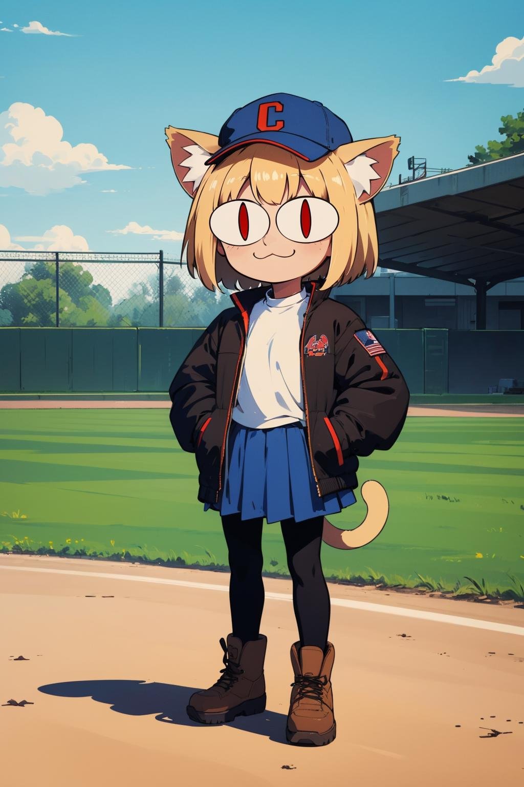 (masterpiece, best quality:1.2), <lora:neco-arc:0.9>, neco-arc, 1girl, solo, hat, :3, animal ears, tail, cat ears, skirt, blonde hair, cat tail, red eyes, blue skirt, pantyhose, black headwear, jacket, hands in pockets, brown footwear, full body, baseball cap, cat girl, shirt, looking at viewer, boots, black pantyhose, white shirt, smile, closed mouth, open clothes, short hair, standing, bangs, slit pupils, pleated skirt, long sleeves, chibi, open jacket, animal ear fluff, shoes, medium hair, outdoors, baseball field, 