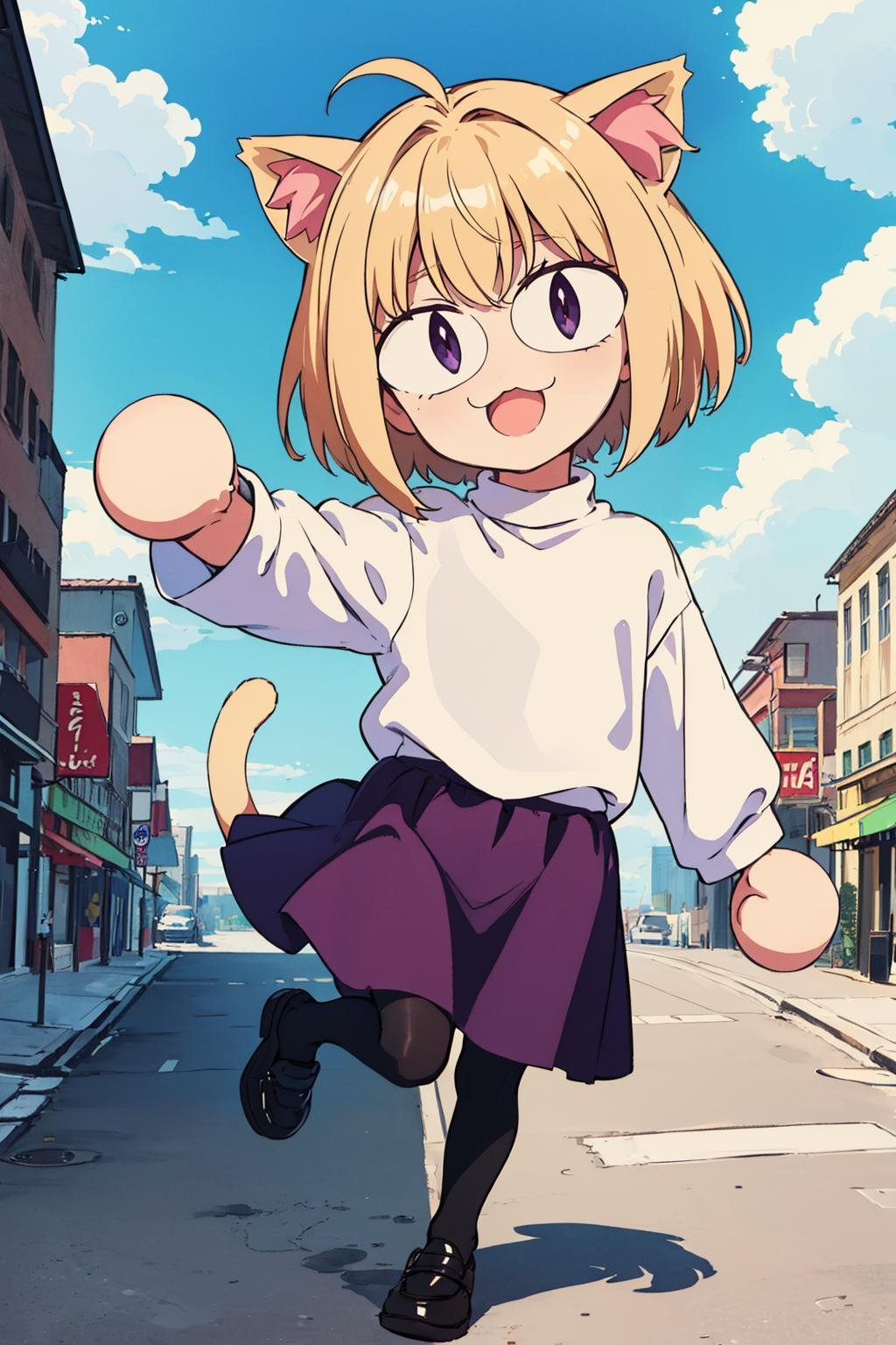 (masterpiece, best quality:1.2), <lora:neco-arc:0.9>, neco-arc, 1girl, animal ears, solo, blonde hair, cat ears, purple skirt, tail, skirt, slit pupils, chibi, :3, open mouth, cat tail, sweater, short hair, looking at viewer, smile, pantyhose, long sleeves, white sweater, long skirt, full body, arm up, black pantyhose, outdoors, cloud, city, 