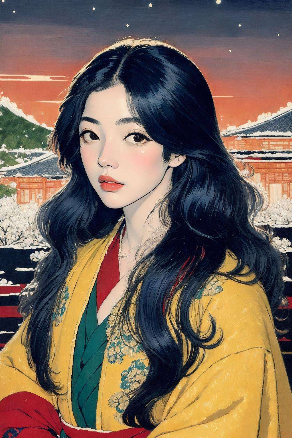 (masterpiece,best quality:1.5), (style of Hishikawa Moronobu ,style of Mike Allred :1.5)
( long hair, dark blue hair hair:1.1),portrait,
(lady:1.2), Gold aran sweater, at Nighttime, brown eyes, 😟