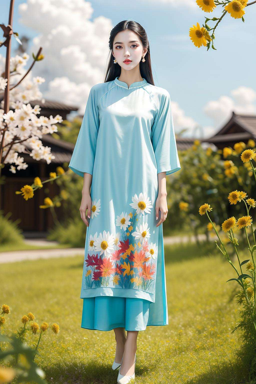 (masterpiece, best quality:1.5),(cloud ,🌼 ,🍁,🌸 :1.3)lady, full body, black hair, brown eyes, long hair , fluorescent aodai, white high heels  , earring