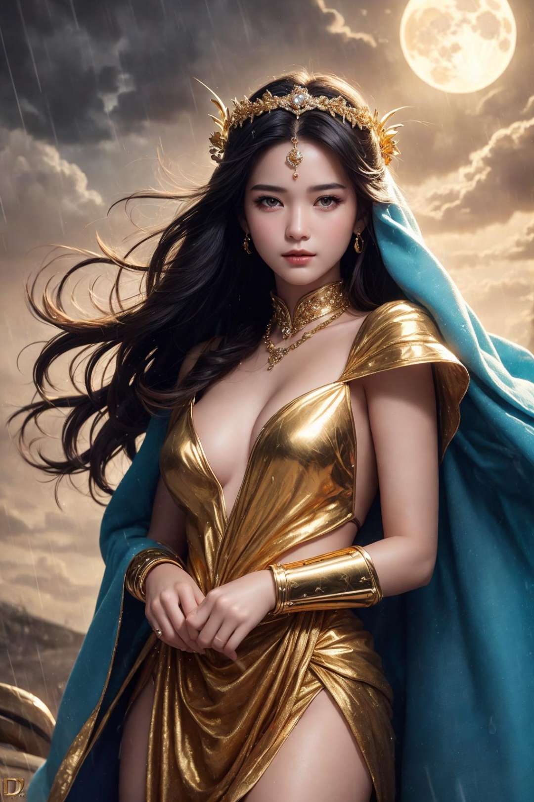 masterpiece,ultra realistic,32k,extremely detailed CG unity 8k wallpaper, best quality,1lady,pretty girl,goddess of love, royal style, gold accessories, by DC comics ,(🌈,🌕,⛈️,⭐️,✨),((wind)),