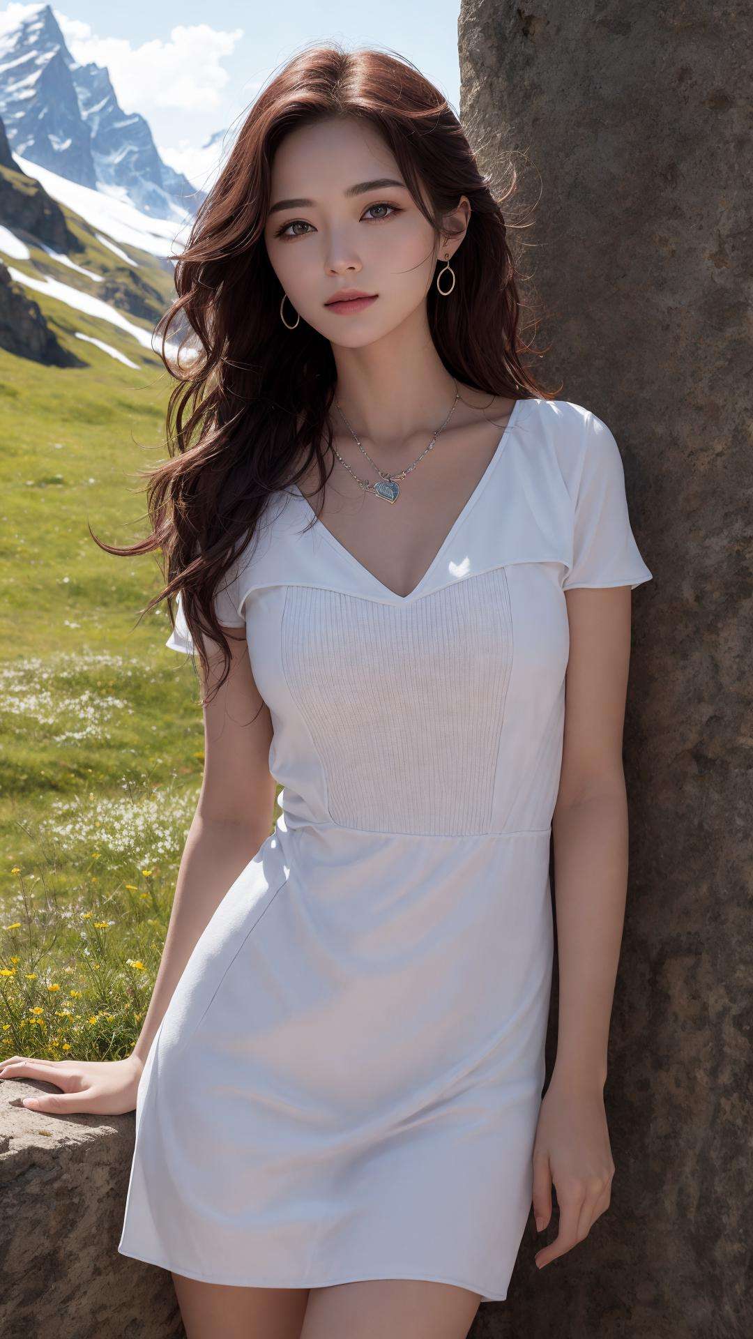 masterpiece,ultra realistic,32k,extremely detailed CG unity 8k wallpaper, best quality,The Swiss Alps, Switzerland, ( Dark red A-line dress ) ,((spring day )), Beachy waves with a side part ,eardrop,lady ,necklace,