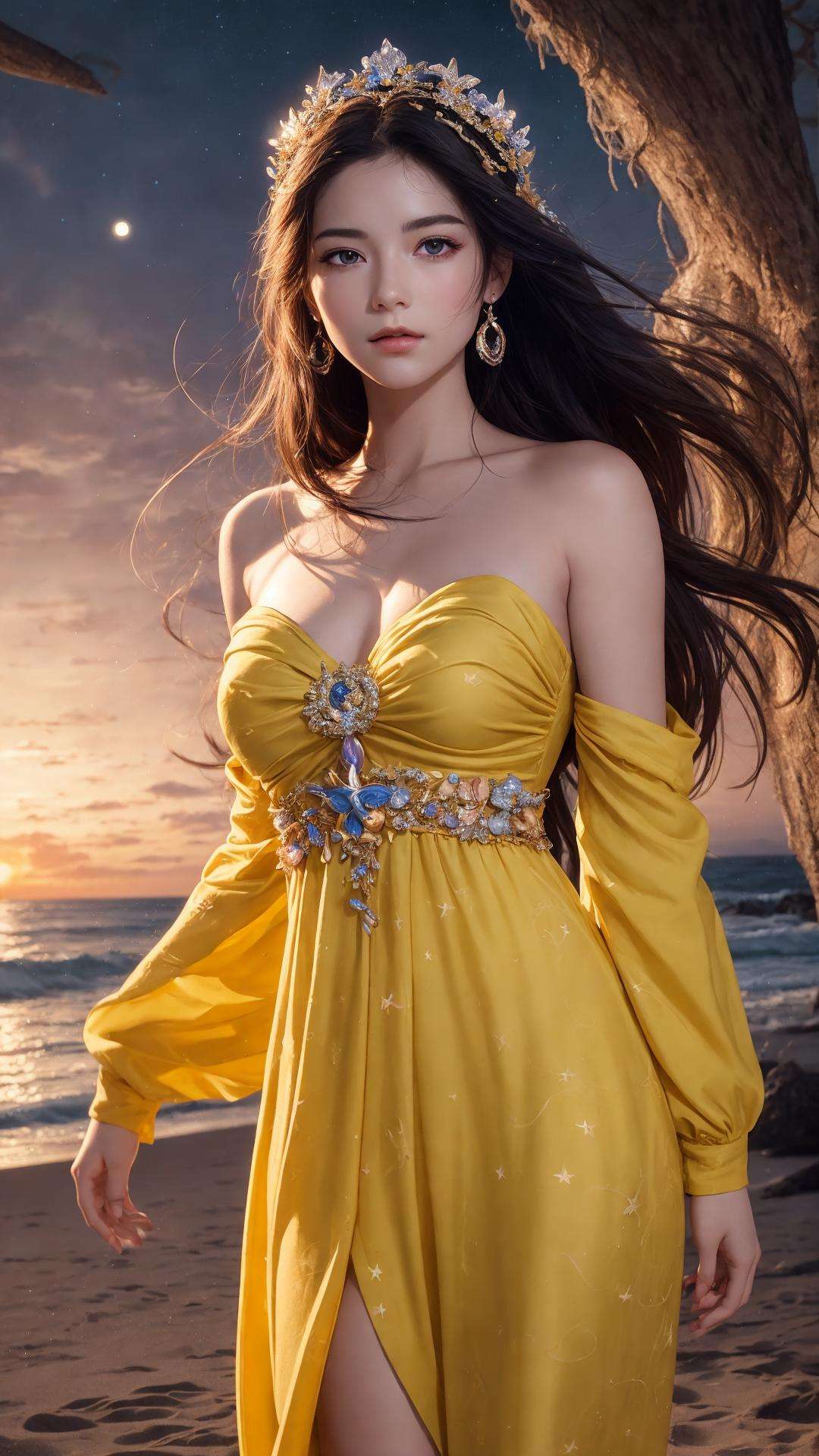 masterpiece,ultra realistic,32k,extremely detailed CG unity 8k wallpaper, best quality,pretty lady, goddess of love, royal style, Yellow dress,by ghibli studio,((wind)),sexy, beach ,(🌈,⭐️,🌙,✨),🐚