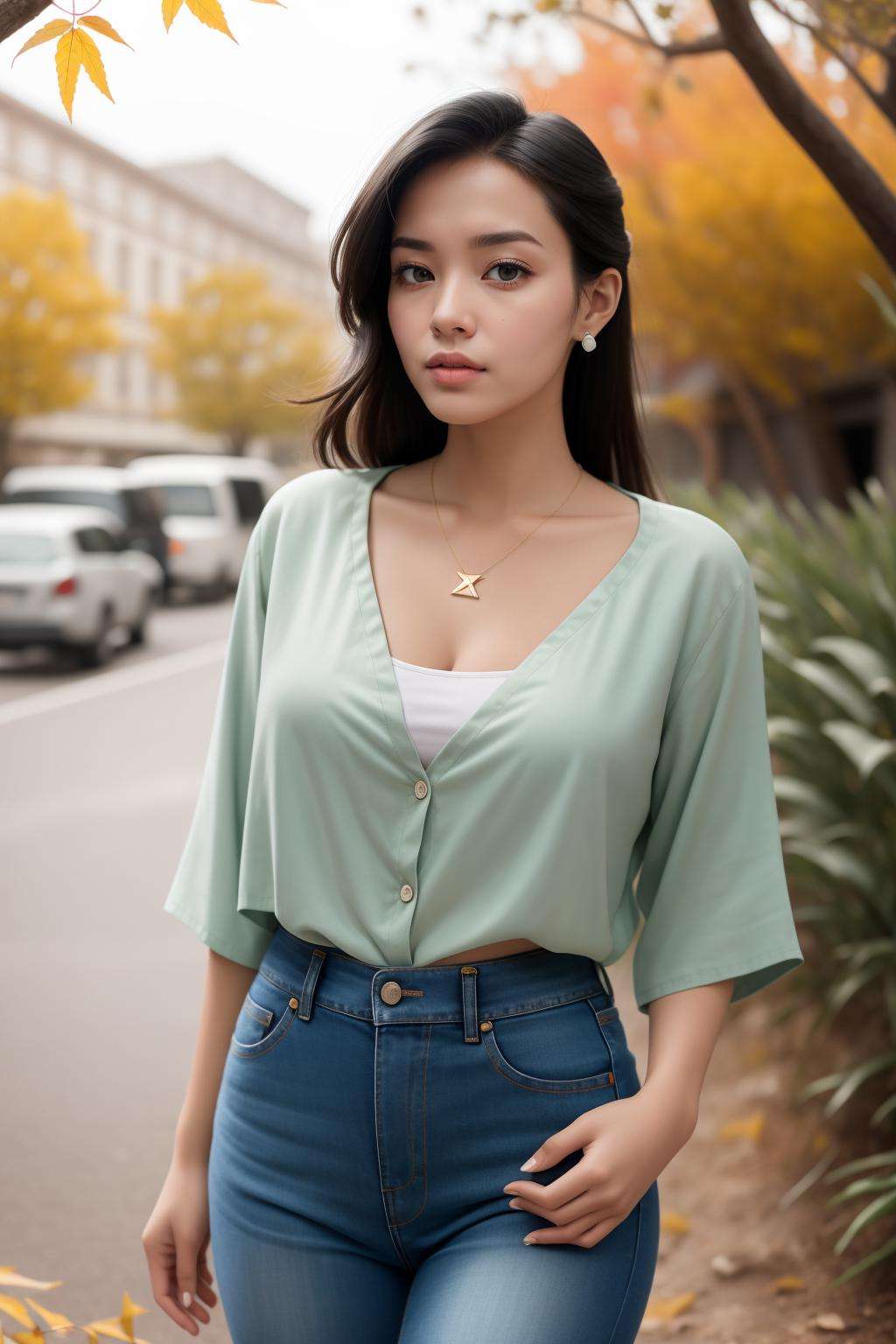 (masterpiece,best quality:1.5),ultra realistic,32k,RAW photo,(high detailed skin:1.2), 8k uhd, dslr, soft lighting, high quality, film grain,flat lighting ,(🛕),🌵,🌱, ( Olive short denim  , buttoned shirt ) ,((autumn day )),collarbone, cleavage, eardrop,lady ,long hair,necklace ,(large  breast),(sexy:1.3),(lewd),Store