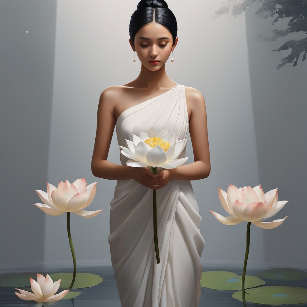 ((best quality)), ((masterpiece)), (detailed), (realistic),NYFlowerGirl, 1girl, black hair, flower, dress, solo, white dress, hair bun, single hair bun, reflection, closed eyes, water, dark-skinned female, dark skin, standing, collarbone, sleeveless, bare shoulders, facing viewer, grey background, sleeveless dress