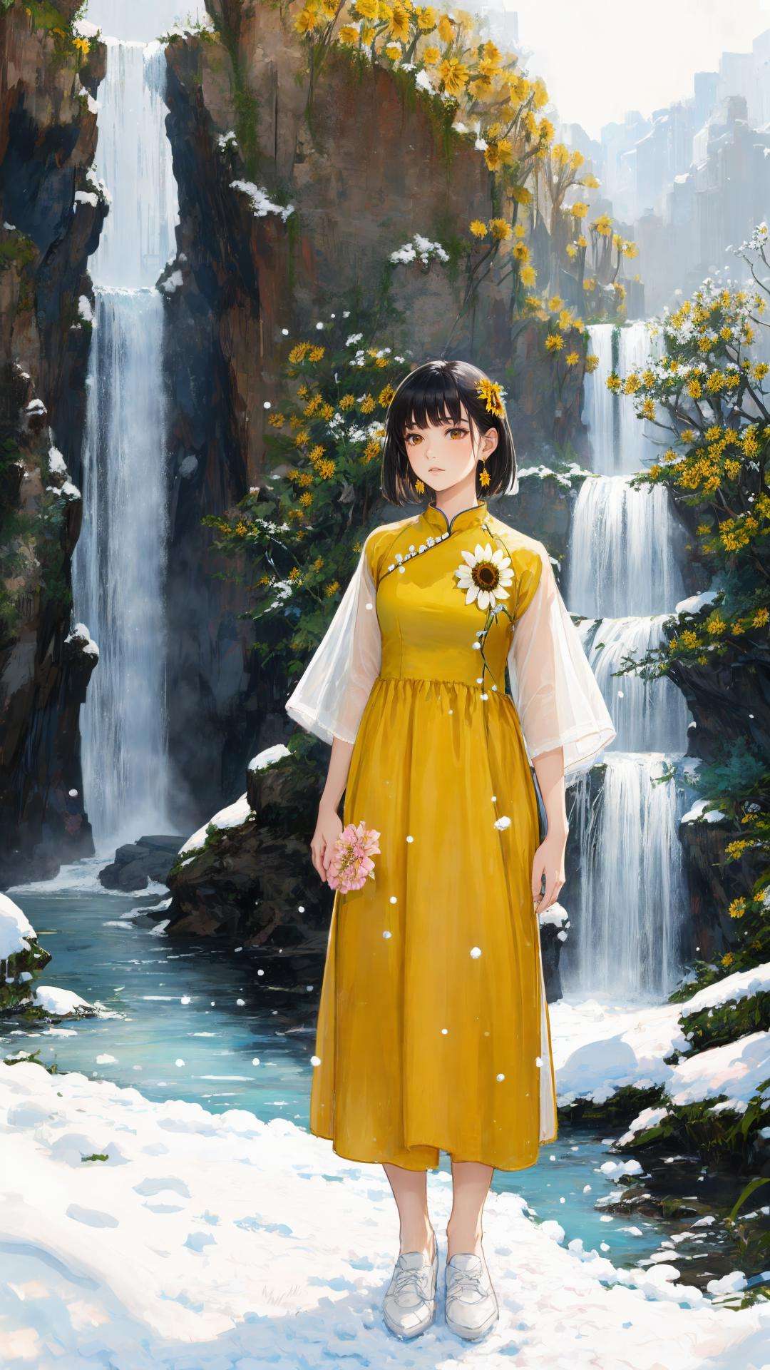 (masterpiece, best quality:1.5),(snow ,waterfall  ,🌸 ,🌹,🌻 ,🌺 :1.3)
lady, full body, black hair, brown eyes, short hair , dark yellow aodai, white shoes  , earring<lora:aodai:1.0>