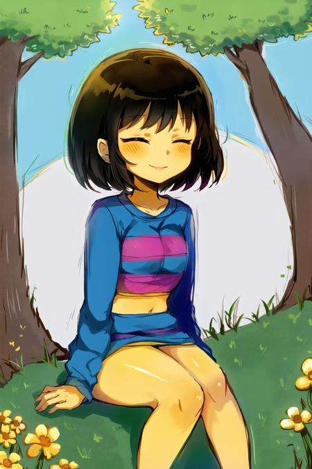 masterpiece, best quality, 1girl, striped shirt, frisk \(undertale\), smile, outside, tree, grass, sitting, closed eyes, yellow skin, <lora:ChumpyChoo_Char_Frisk:0.6>