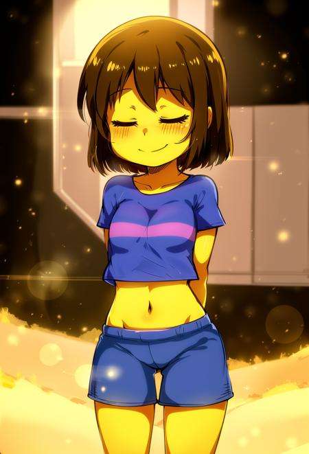 masterpiece, best quality, detailed, 1girl, crop top, striped, blue shorts, lens flare, bloom, outside, standing, frisk, frisk \(undertale\), closed eyes, smile, young, child, arms behind back, {{yellow skin}}, jcm2, <lora:ChumpyChoo_Char_Frisk:0.7>  <lora:ChumpyChoo_Style_jcm2:0.4>