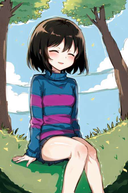 masterpiece, best quality, 1girl, striped shirt, frisk \(undertale\), smile, outside, tree, grass, sitting, closed eyes, <lora:ChumpyChoo_Char_Frisk:0.6>