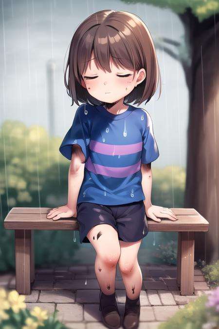 masterpiece, best quality, detailed, 1girl, brown hair, outdoors, blurry background, park bench, flower bed, ((raining, cold)), blurry foreground, full body, curled up, frisk, frisk \(undertale\), closed eyes, young, child, park, blue shirt, bruise, from above, torn shirt, torn shorts, <lora:ChumpyChoo_Char_Frisk:0.7>