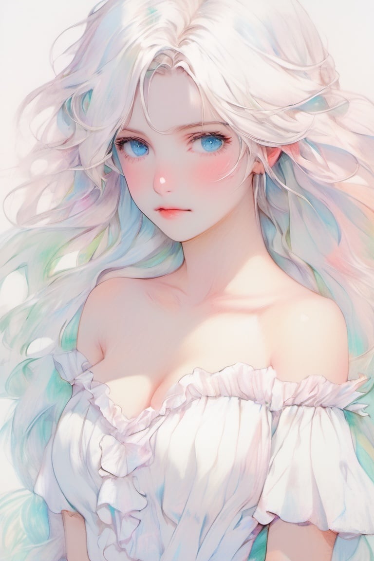 1girl, solo, long hair, white hair, looking at viewer, upper body, simple background, bare shoulders, lips, blue eyes, off shoulder, shirt, white dress, blush, closed mouth, wavy hair, dress, white shirt, hair between eyes, breasts, frills, short sleeves