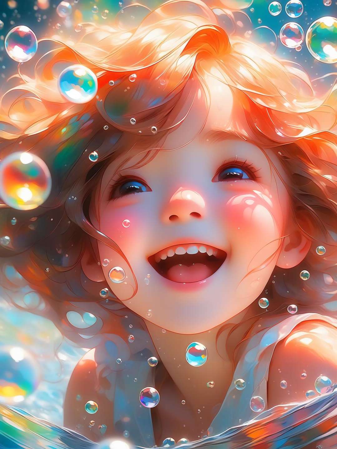 a Girl, laughing, Colorful colors, surrounded by water bubbles, in the style of Kawacy, Masterpiece, Oil painting drawn in anime style, head close - up, exaggerated perspective, Tyndall effect, water drops, mother - of - pearl iridescence, Holographic white, 