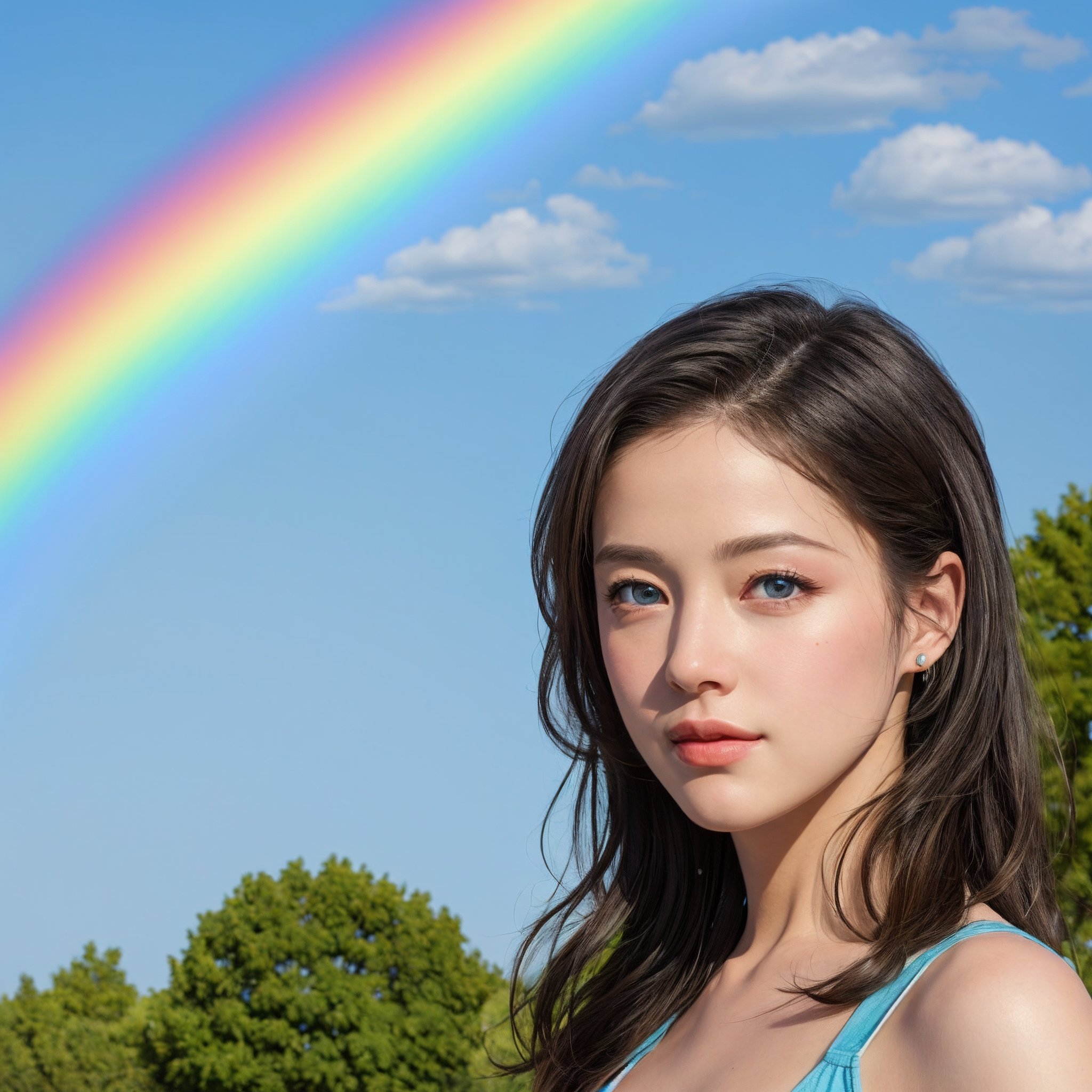 (best quality, masterpiece:1.2),ultra detailed,(photo realistic:1.4),(blue sky:1.2),rainbowsky_background