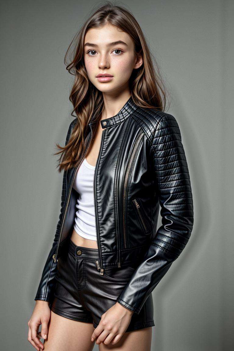 closeup photo of (oliviacasta) <lora:OliviaCastaDogu:0.85>  (HDR), (8k wallpaper),(leather jacket:1.3) , background,female focus, black leggins