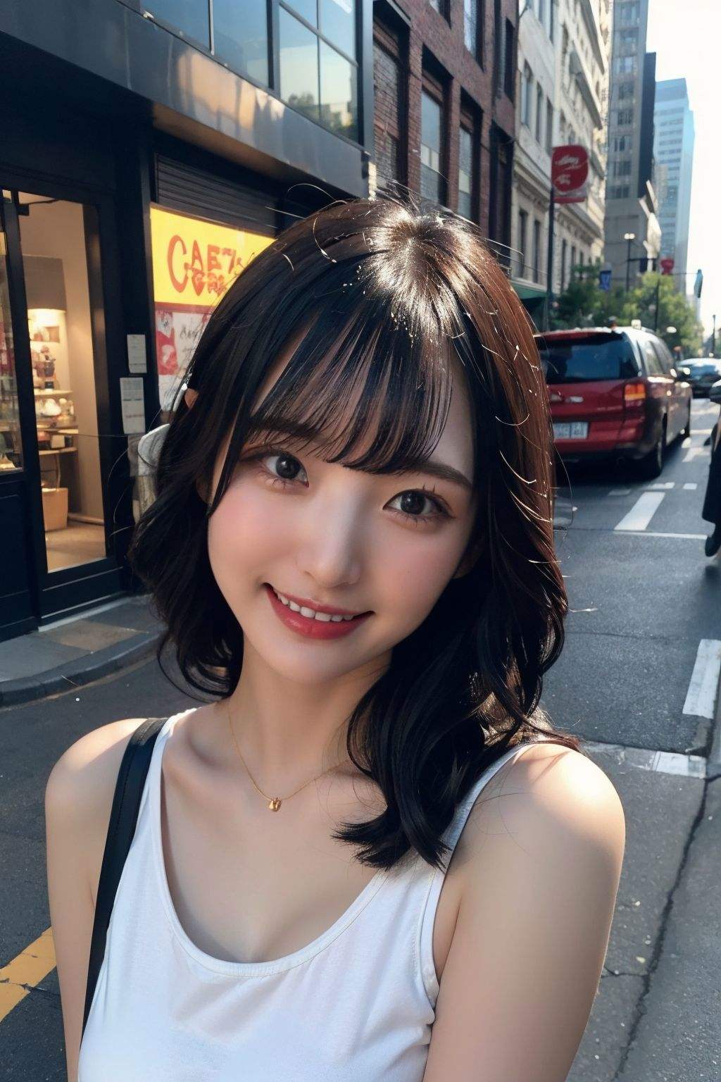 Candid photo of yurayura_yuuura,  with captivatingeyes,  smiling amidst a bustling city by AI_Imaging on Tensor.Art