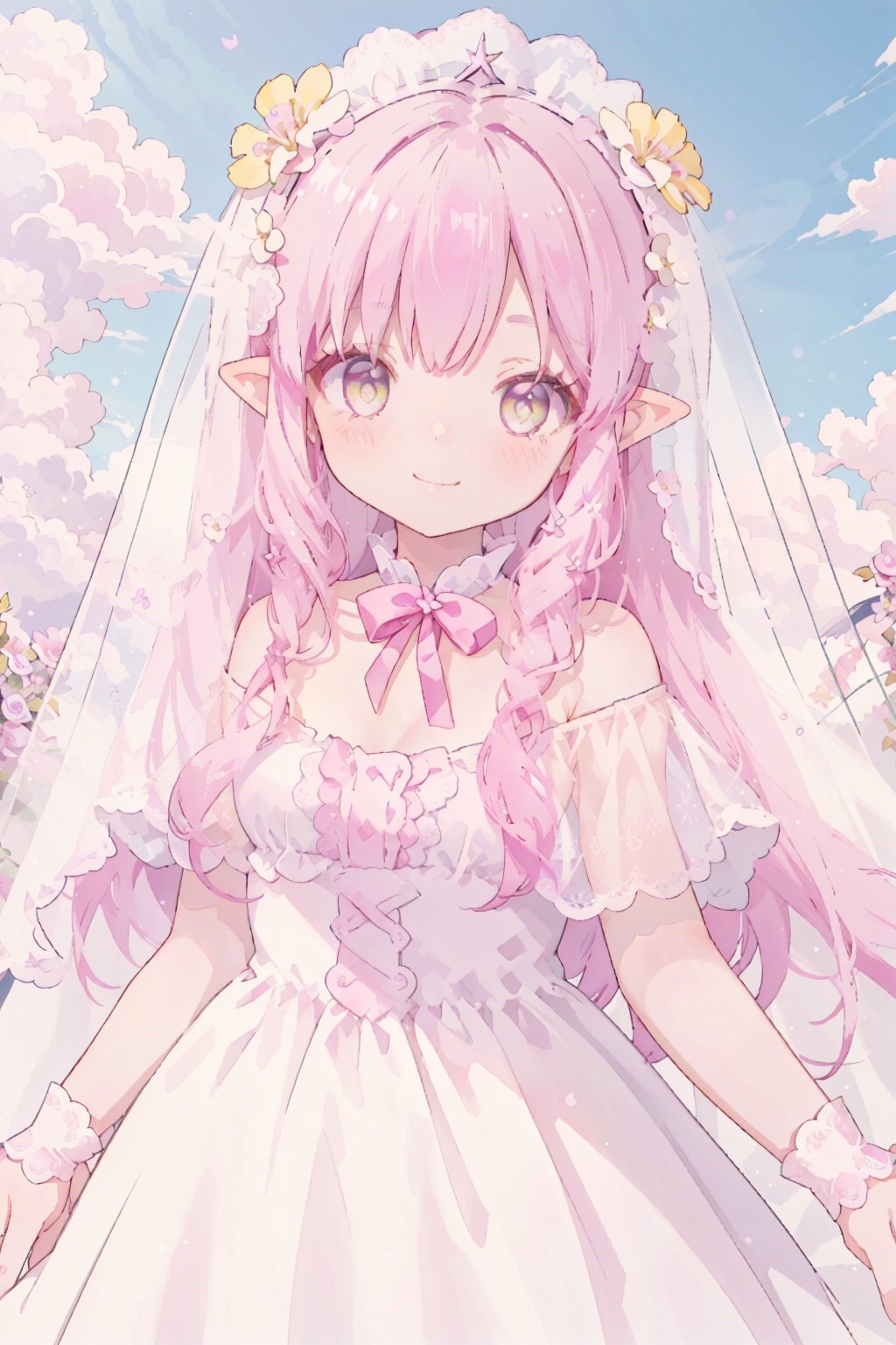 1girl,
pink hair, yellow eyes, hair cover one eye, pointy ears, long hair, hair flower, Lateral hair,
blush,
veil, wedding,lace,revealing dress,robe, sheer capelet, off shoulder,
upper body,sky,cloud,vanishing point,
eyes closed,smile