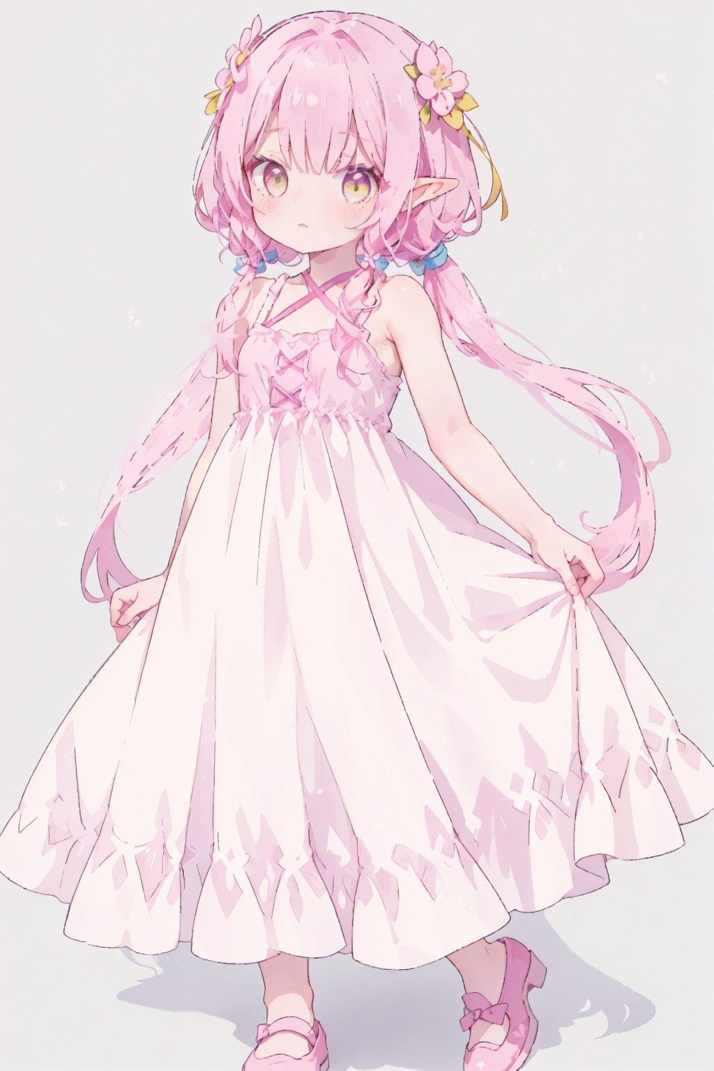 1girl,full_bod,hair flower,loli,elf,standing,long dress,pumps,pink hair, yellow eyes, hair cover one eye, hair tie, medium hair with long locks, low tied, low ponytail, long locks, solo locks,
small breasts, bare shoulders,
blush,babydoll,frilled