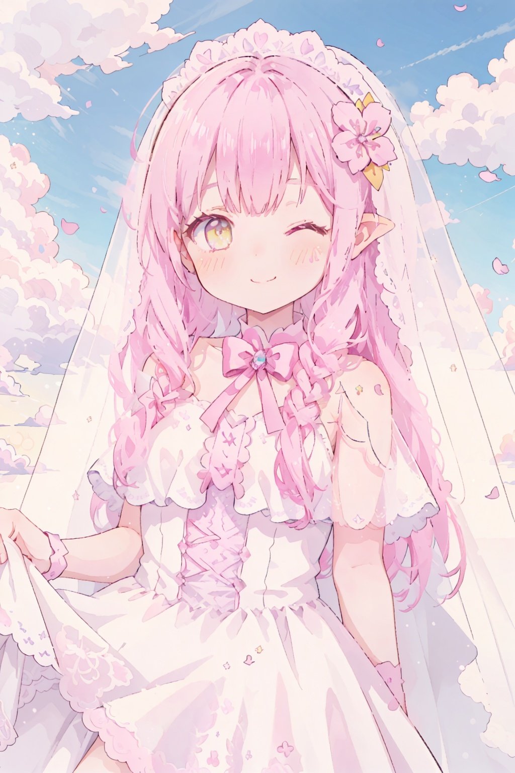 1girl,
pink hair, yellow eyes, hair cover one eye, pointy ears, long hair, hair flower, Lateral hair,
blush,
veil, wedding,lace,revealing dress,robe, sheer capelet, off shoulder,
upper body,sky,cloud,vanishing point,
eyes closed,smile