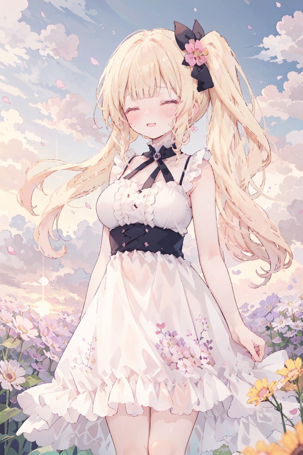 blonde hair, long hair,large breasts,
side ponytail,Floral hair accessories,loli,standing,blush,solo
,blunt bangs,sky,cloud hair,cloud,smile,tears,sunset,dusk,eyes closed,closed eyes,flower field,long_hair,bare_arms,floating water drop,flying petals,