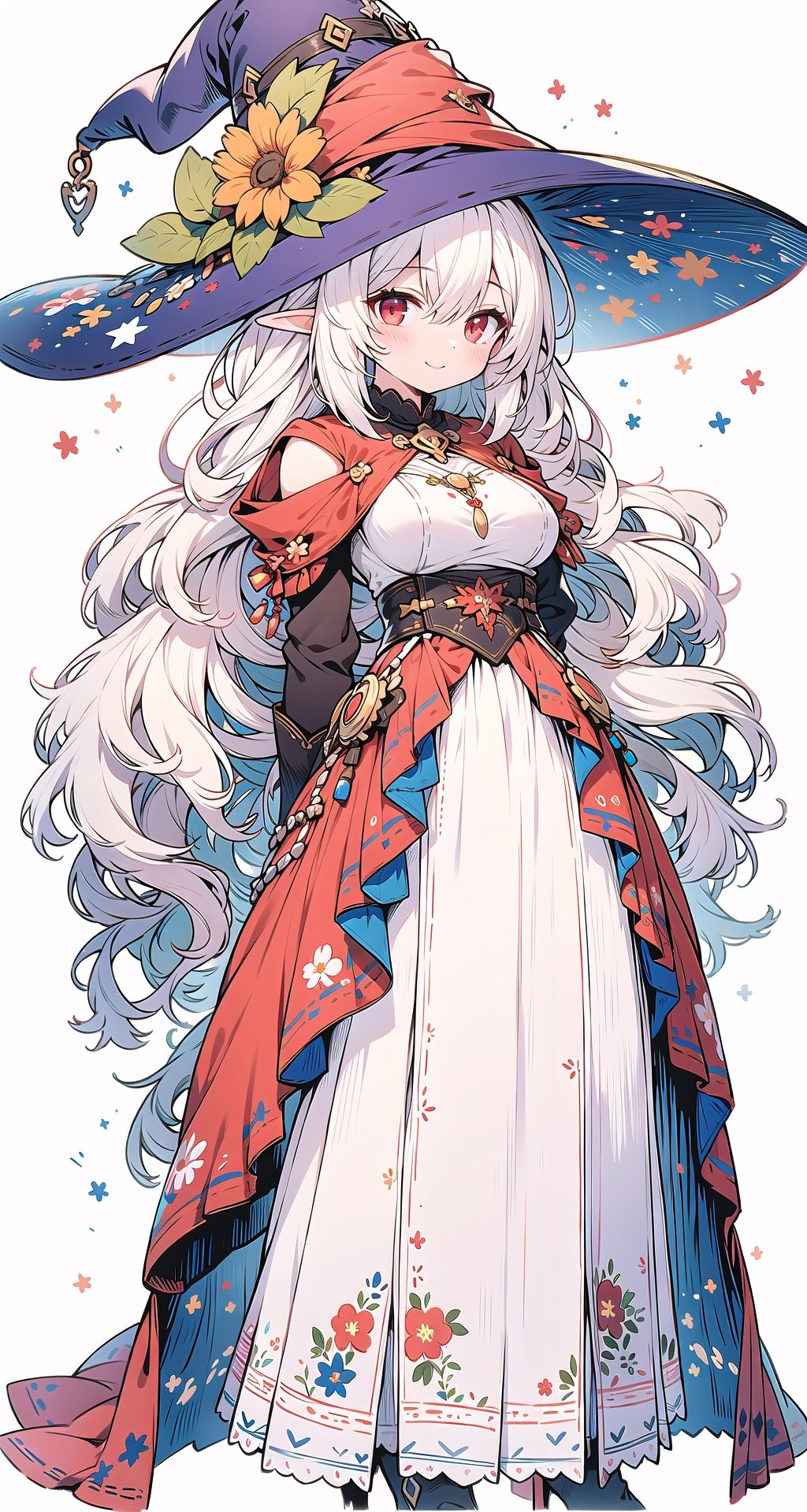 (masterpiece:1.2),(arms behind back:1.2),best quality,game cg,1girl,solo,long hair,white hair,hair ornament,dress,full body,looking at viewer,simple background,red eyes,standing,hair flower,white background,white dress,closed mouth,long sleeves,skirt,wavy hair,blush,large breasts,smile,very long hair,hand up,floral print,witch hat,elf,