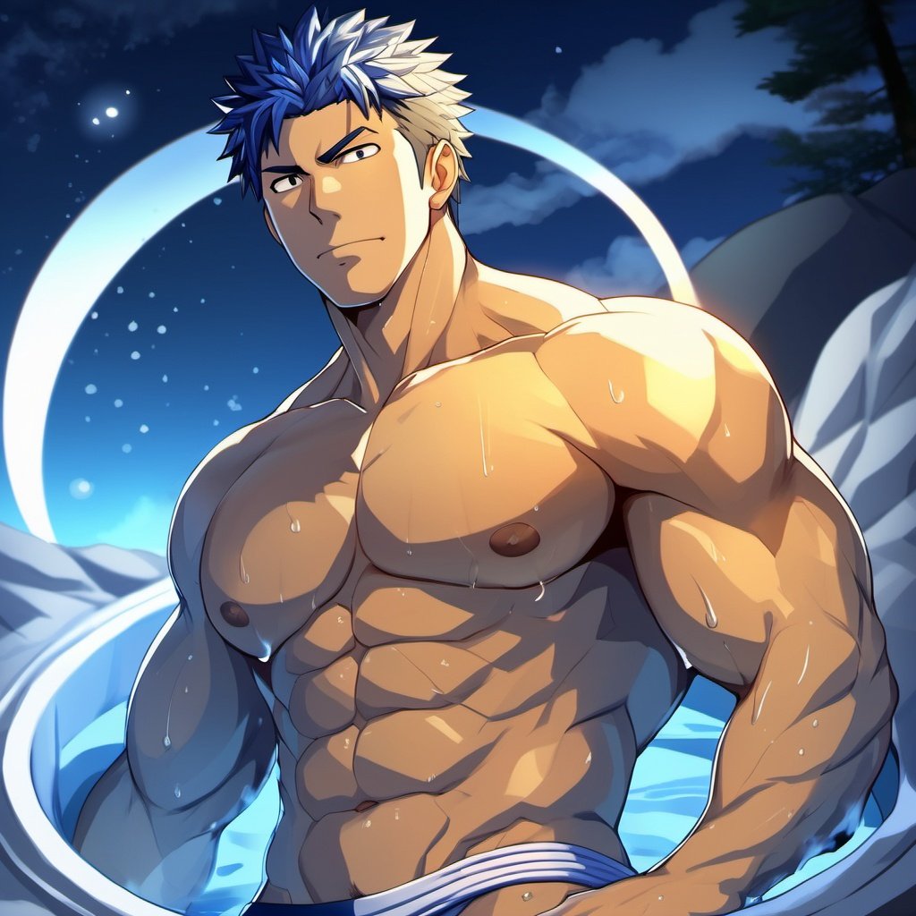 ((masterpiece)),((best quality)),8k,high detailed,ultra-detailed,anime,CG,{{Masterpiece, Best Quality, Extremely Detailed CG, Unity 8k Wallpaper }},
A man soaks in an outdoor hot spring,
at night outdoors ,(steaming hot spring),Delicately depicted water waves
1man,Handsome,Blushing face,(Straight hair:1.4),(Coarse hair:1.5),(short hair:1.5),(Shirtless:1.5),(cool face:1.4),(Muscular:2),(wet body:1.4),(Comic book style facial features:1.5),(Colorless lips:1.6),(Linear mouth:1.5)
 (((Transparent:1.4) white shorts)),bulge,
Top light,(deep shade:1.4),moonlight, 
(on back:1.5), (Open thighs:1.7),(Lying in the hot springs:1.5)
coll,shy,sexy,
(Shoot at a high angle:1.5),homo