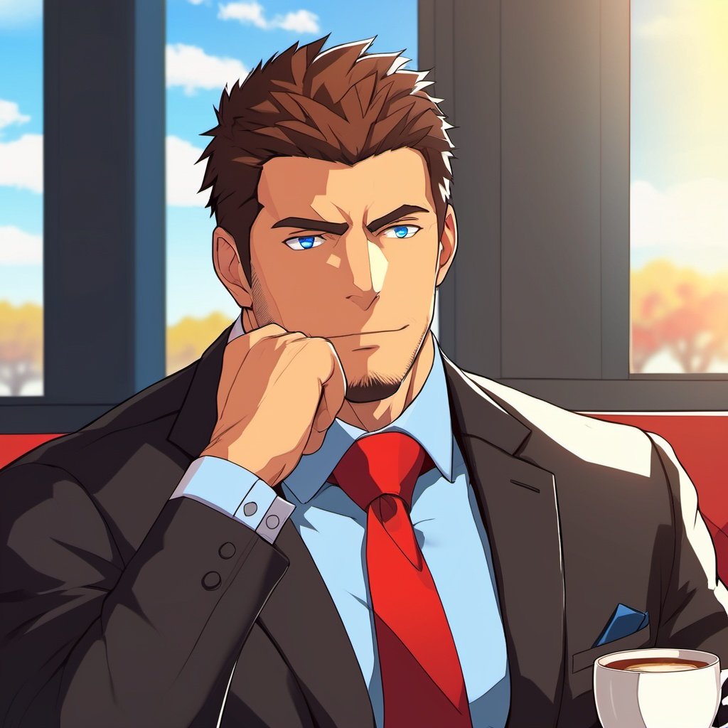 A handsome mature and strong man with brown hair and blue eyes, wearing a black suit and a red tie, sitting in a café, looking at the scenery outside the window, the sun shining on his face, a close-up of the side face, hands on his chin, cold face,,homo,