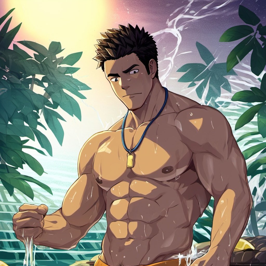 ((masterpiece)),((best quality)),8k,high detailed,ultra-detailed,anime,CG,{{Masterpiece, Best Quality, Extremely Detailed CG, Unity 8k Wallpaper }},
A man soaks in an outdoor hot spring,
at night outdoors ,(steaming hot spring),Delicately depicted water waves
1man,Handsome,Blushing face,(Straight hair:1.4),(Coarse hair:1.5),(short hair:1.5),(Shirtless:1.5),(cool face:1.4),(Muscular:2),(wet body:1.4),(Comic book style facial features:1.5),(Colorless lips:1.6),(Linear mouth:1.5)
 (((Transparent:1.4) white shorts)),bulge,
Top light,(deep shade:1.4),moonlight, 
(on back:1.5), (Open thighs:1.7),(Lying in the hot springs:1.5)
coll,shy,sexy,
(Shoot at a high angle:1.5),homo