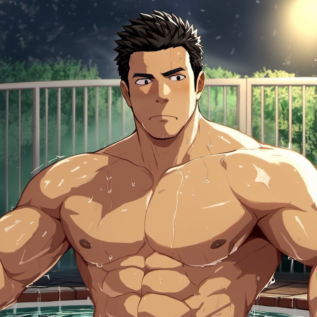 ((masterpiece)),((best quality)),8k,high detailed,ultra-detailed,anime,CG,{{Masterpiece, Best Quality, Extremely Detailed CG, Unity 8k Wallpaper }},
A man soaks in an outdoor hot spring,
at night outdoors ,(steaming hot spring),Delicately depicted water waves
1man,Handsome,Blushing face,(Straight hair:1.4),(Coarse hair:1.5),(short hair:1.5),(Shirtless:1.5),(cool face:1.4),(Muscular:2),(wet body:1.4),(Comic book style facial features:1.5),(Colorless lips:1.6),(Linear mouth:1.5)
 (((Transparent:1.4) white shorts)),bulge,
Top light,(deep shade:1.4),moonlight, 
(on back:1.5), (Open thighs:1.7),(Lying in the hot springs:1.5)
coll,shy,sexy,
(Shoot at a high angle:1.5),homo