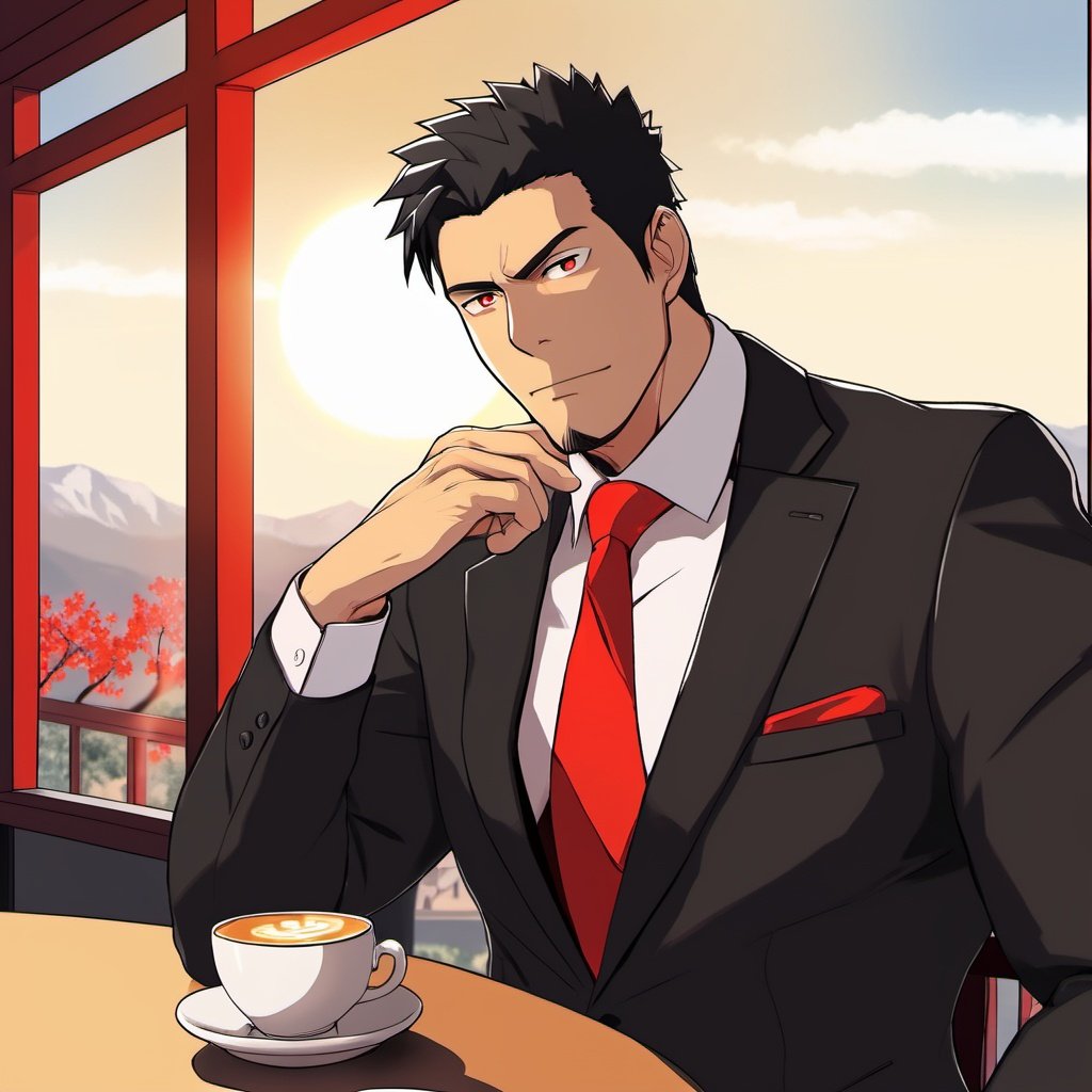 A handsome mature and strong man with black hair and red eyes, wearing a black suit and a red tie, sitting in a café, looking at the scenery outside the window, the sun shining on his face, a close-up of the side face, hands on his chin, cold face,,homo,bara,