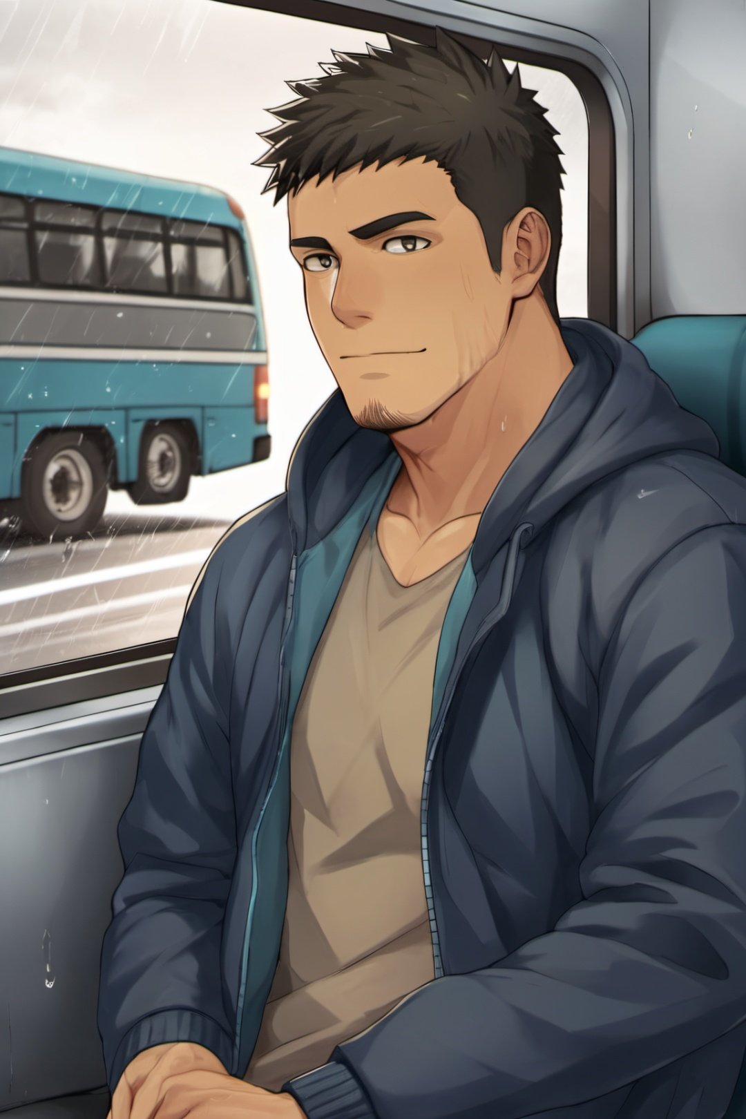 A handsome and captivating man sits in the corner of the last bus, leaning his head against the window silently shedding tears. It's raining outside the bus,homo