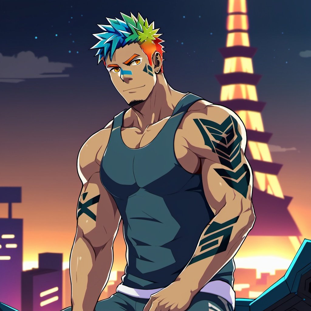 A handsome man with short hair squatting on the top of the TV tower at night, colored hair, polygonal pupils, cyberpunk world, looking down on the boy and the TV tower from above, the boy throws winks at the camera, the boy is naked and has "love" tattooed in the middle of his chest muscles,