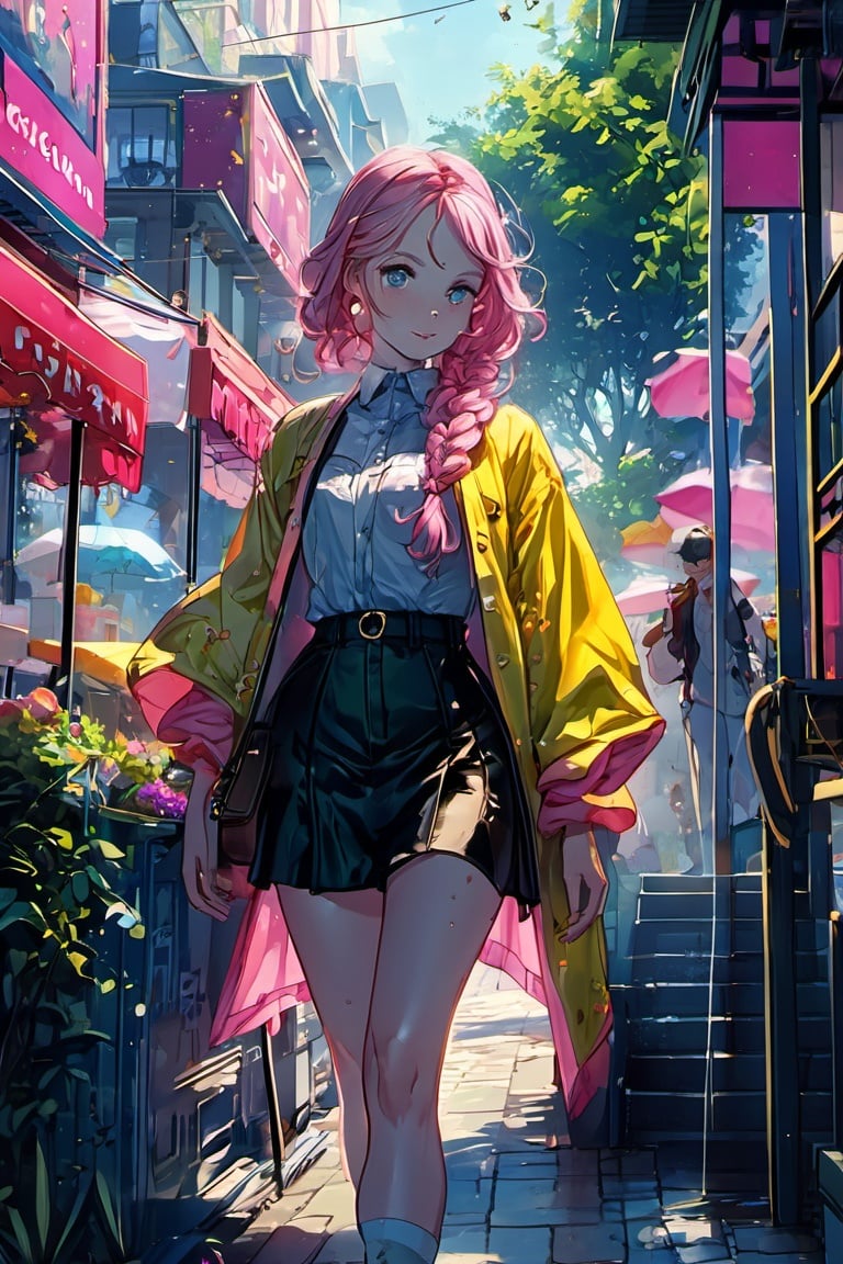 scenery, masterpiece, high quality, ((braid pink hair girl)), green eyes, freckles, walking in a city, denim shirt, yellow skirt,add_detail:1, add_detail:0, add_detail:0.5,,COLORFUL PORTRAITS,add_detail:1, add_detail:0, add_detail:0.5,COLORFUL PORTRAITS,mirrornun