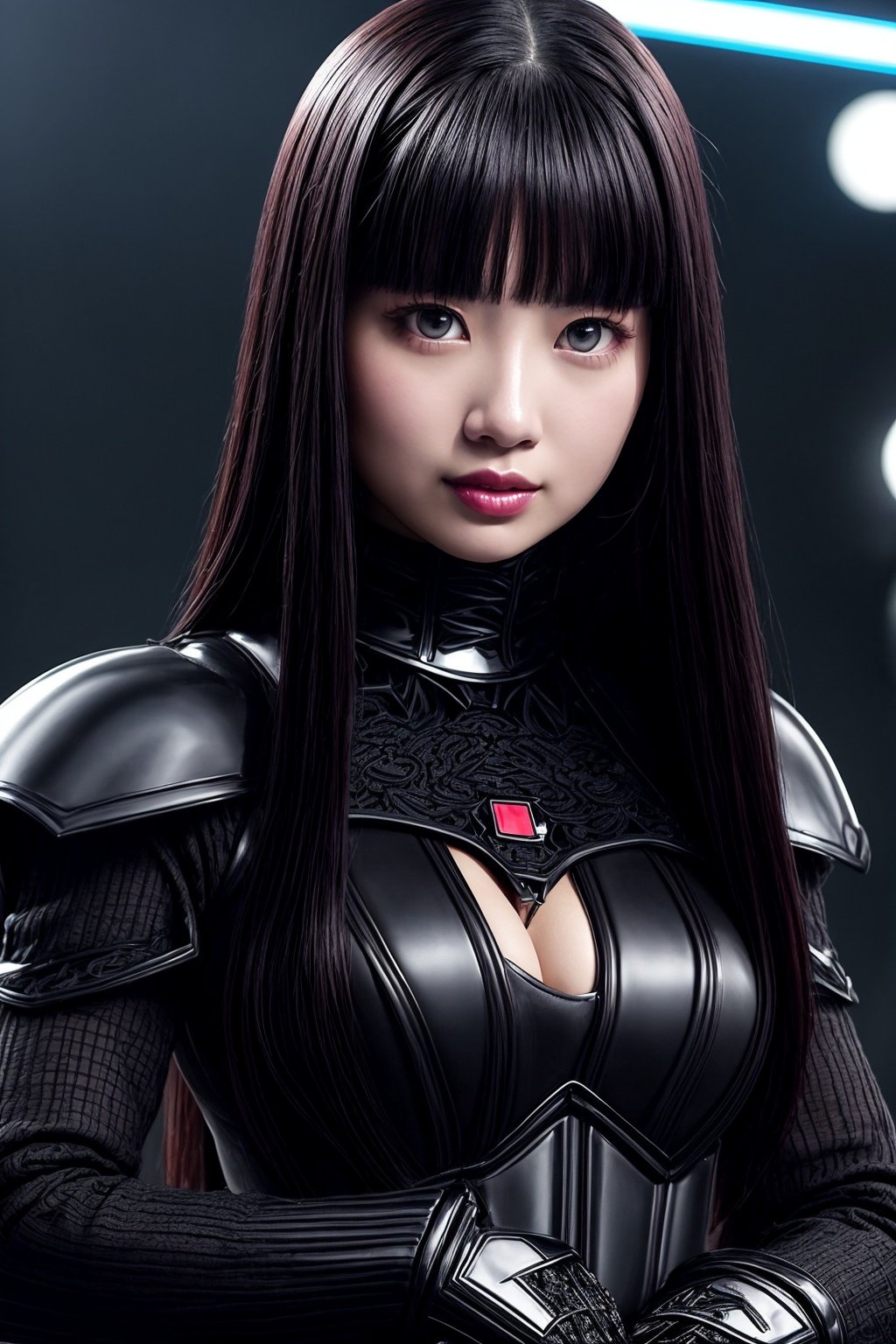 best quality, extra resolution, close up portrait of AIDA_rei2020 as a powerful villain, rich, dress with long sleeves, pretty face, serious face, adult, evil smile, perfect body, (holding laser blade:1.3), dynamic pose, cinematic, studio photo, kkw-ph1, (dark theme:1.1) <lora:LowRA:0.2>, <lora:tangbohu-detailer_1.0:1>, star wars parody, sci-fi castle, neon lights, (AS-Adult:1.1),  edgDeathKnight armor <lora:edg_DeathKnight:0.2>