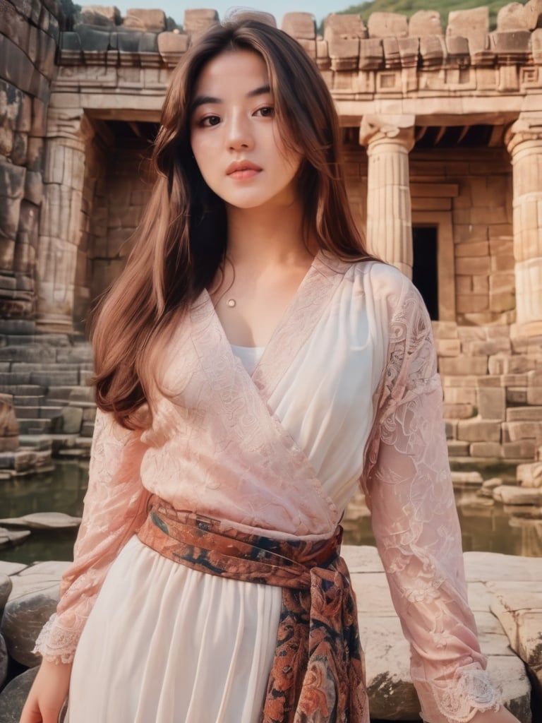 centered view of curvy hips long wavy brown hair toned body beautiful face seductive eyes blush beautiful lips 29 years old female wearing ancient lace suit and belt and long wide skirt. action pose. deep colors. ancient temple, rocks, scenery. fujifilm XT3.,FilmGirl, <lora:v0nzy_SDXL_v1-000008:1>