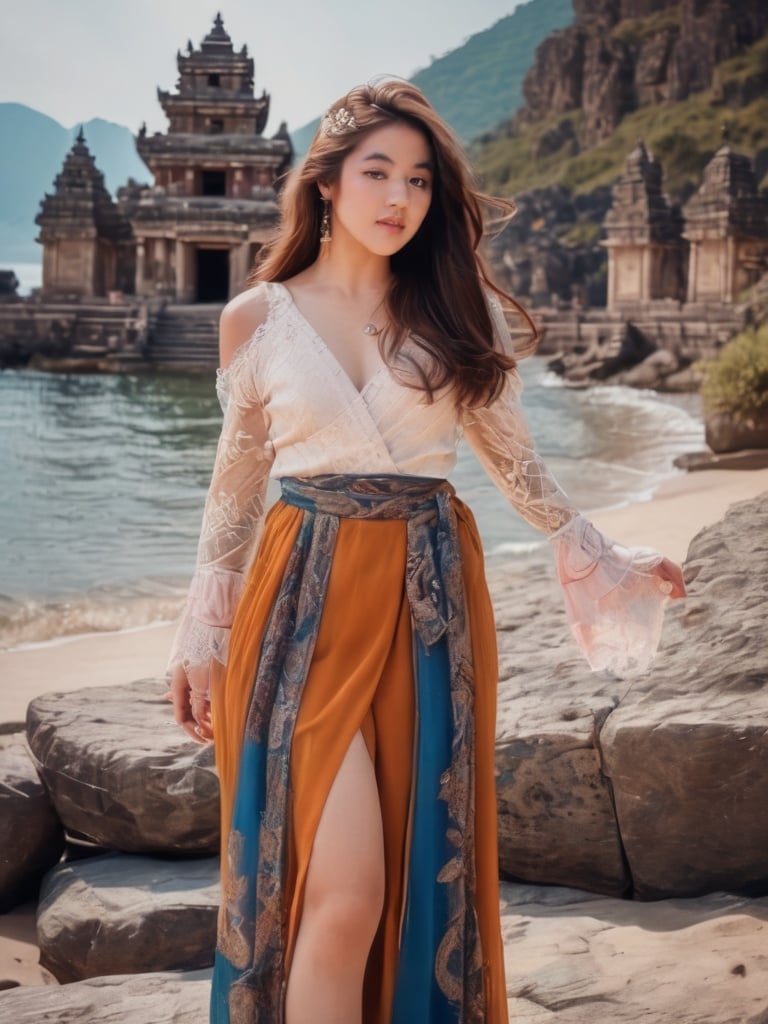 centered view of curvy hips long wavy brown hair toned body beautiful face seductive eyes blush beautiful lips 29 years old female wearing ancient lace suit and belt and long wide skirt. action pose. deep colors. ancient temple, rocks, scenery. fujifilm XT3.,FilmGirl, <lora:v0nzy_SDXL_v1-000008:1>