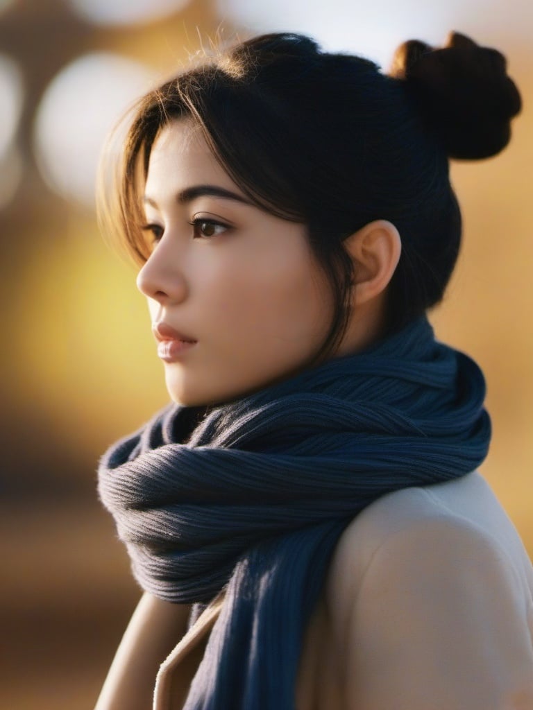 1girl, solo, black hair, brown eyes, upper body, look at viewer, hair bun, scarf, depth of field, blurry background, realistic, <lora:newsdxl-000020:1>