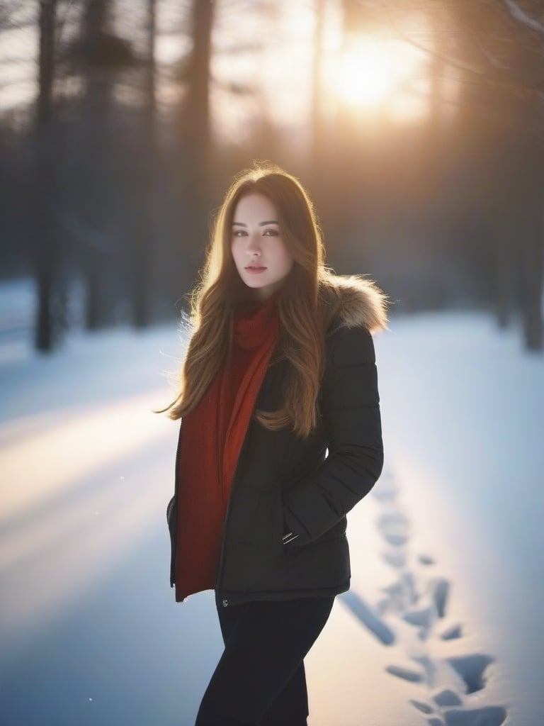 1girl, solo, photo, portrait, look at viewer, long hair, outdoor, snow,  realistic, ray tracing,  <lora:newsdxl-000020:.7>