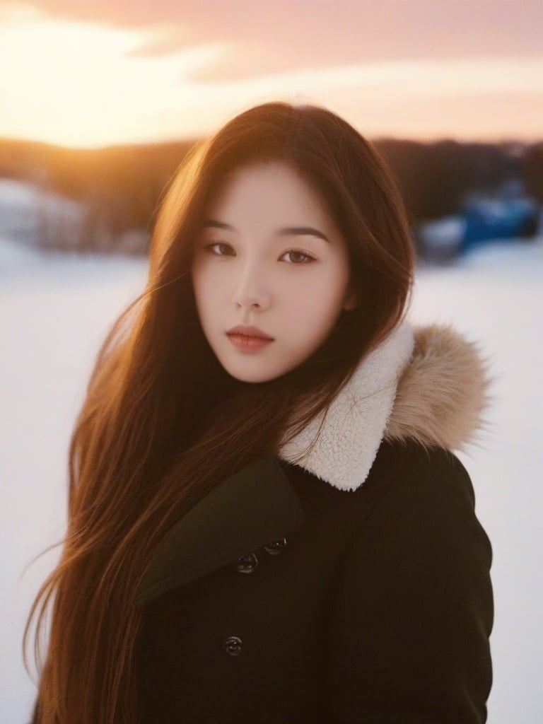 1girl, solo, photo, portrait, look at viewer, long hair, outdoor, snow,  realistic,  sunset, golden hour,  <lora:newsdx:1>