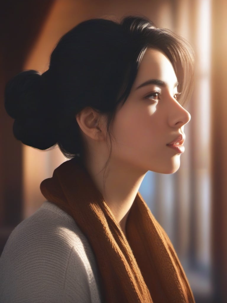 1girl, solo, photo, black hair, brown eyes, portrait, look at viewer, hair bun, scarf, realistic, ray tracing,  <lora:newsdxl-000020:.7>