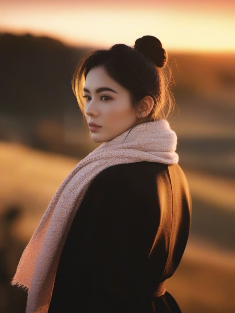 1girl, solo, photo, black hair, brown eyes, portrait, looking at viewer, hair bun, scarf, depth of field, realistic, sunset, golden hour,  <lora:newsdx:1>