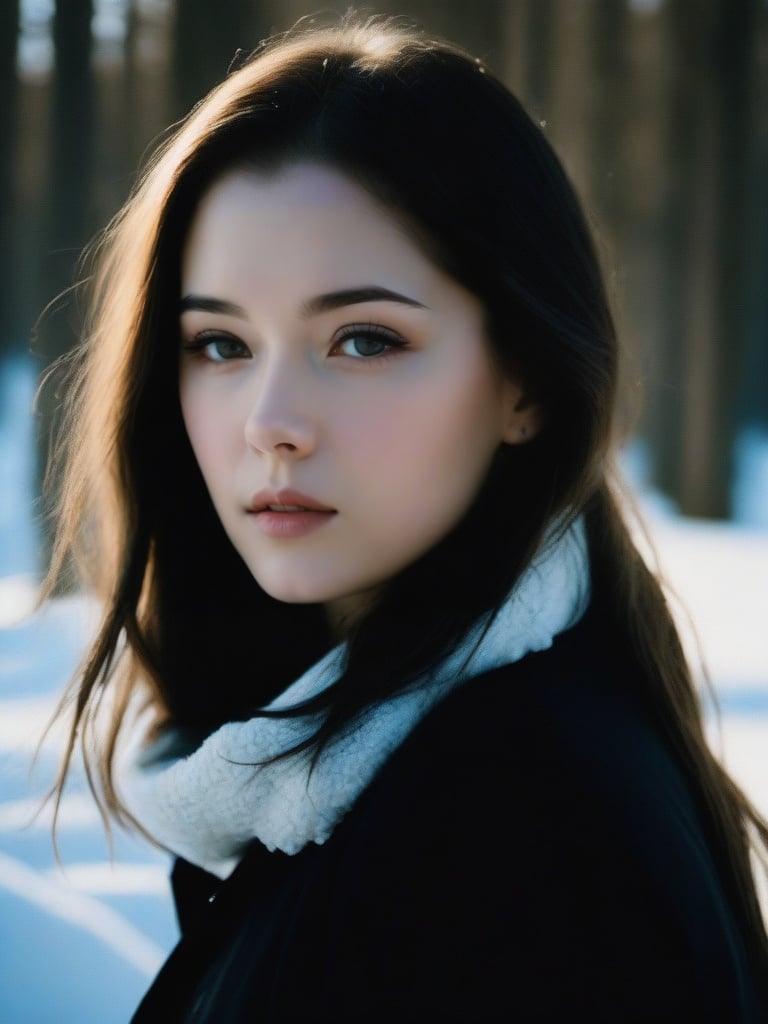 1girl, solo, photo, portrait, look at viewer, long hair, outdoor, snow,  realistic,  ray tracing, depth of field, <lora:newsdxl-000020:.7>