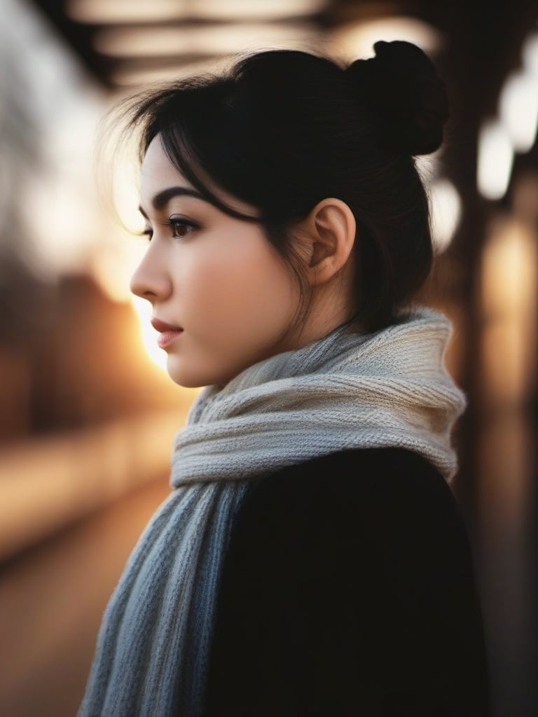 1girl, solo, black hair, brown eyes, upper body, look at viewer, hair bun, scarf, depth of field, blurry background, realistic, <lora:newsdxl-000018:1>